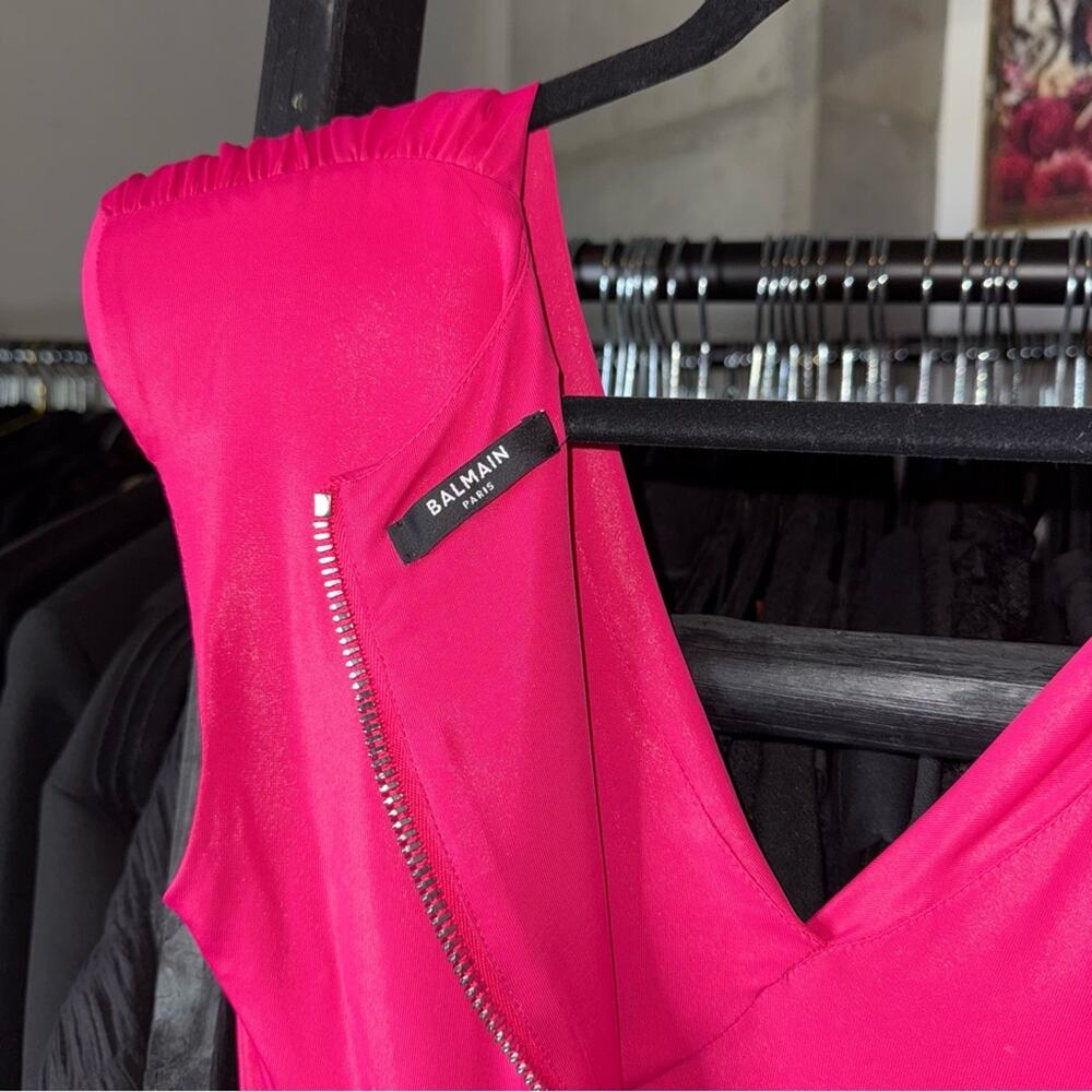 Balmain Fuchsia Ruched Mini Dress Metallic Shine V-Neck Pointed Shoulder - Picture 15 of 16